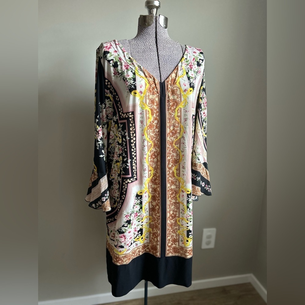 Silk blend made in Italy Floral Long Sleeve v neck Dress with Black Accents